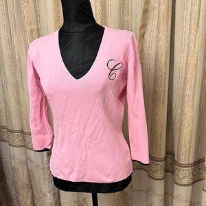 Pink V-Neck Sweater with Embroidered Detail